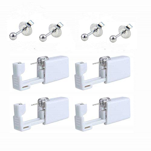 4 Pack Ear Piercing Gun Disposable Self Mixed Colours Ear Piercing Gun Kit Safety No Pain Ear Piercing Gun Kit with Stud (Silver)