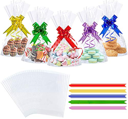 50PCS Clear Cellophane Treat Bags, AUERVO 13 x 18 cm Clear Resealable Flat Cello Bags Sweet Party Gift Bags Candy/Cookie/Chokley/with 50PCS Colorful Pull Bows