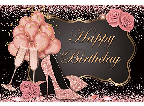 Renaiss 1.8x1.2m Rose Anniversaire Toile de Fond Glitter Brillant Cristal Chaussures Ballon Rose Décorations De Fête 16e 18e 20e 30e Fille Adulte Femmes Gâteau Table Bannière Photo Booth Fond De Tir