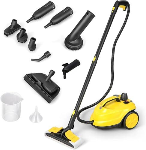 COSTWAY Nettoyeur Vapeur Polyvalent de 2000W avec 13 Accessoires et Manomètres, Balai Vapeur à Roulettes 5 Bars avec Réservoir de 1,8 L pour Plancher Tapis Rideaux (Jaune)
