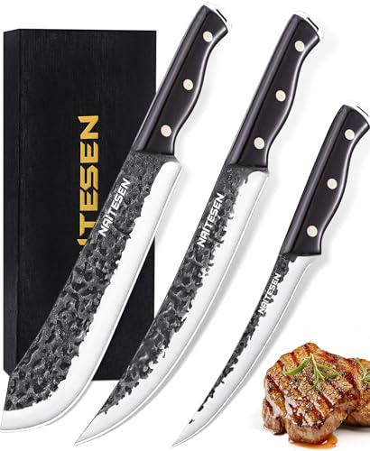 Naitesen Juego de 3 cuchillos de carnicero profesionales de punta redonda, cuchillo para deshuesar, cuchillo forjado a mano, color negro