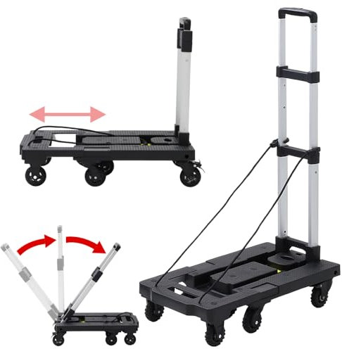 Japard Carro de mano plegable, carrito de equipaje extensible de 330 libras, carrito utilitario con 7 ruedas de goma y 2 cuerdas elásticas para equipaje, viajes, mudanzas, compras, uso en oficina,