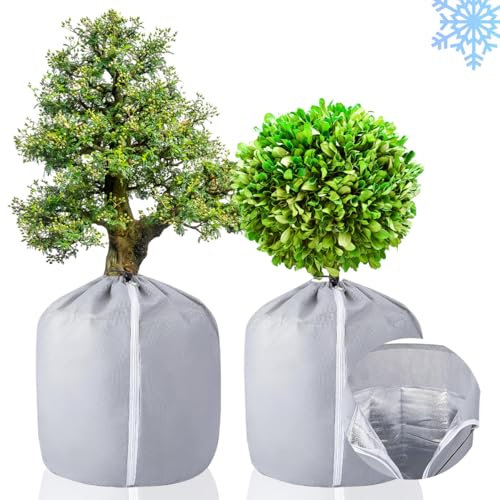 2 Pièces Housses d’Hivernage pour Plantes en Pot, Sac de Protection pour Pot de Fleur, Pot de Protection Hivernal pour Plantes, Sac Isolant pour Plante en Pot avec Cordon de Serrage 50x45cm Grise