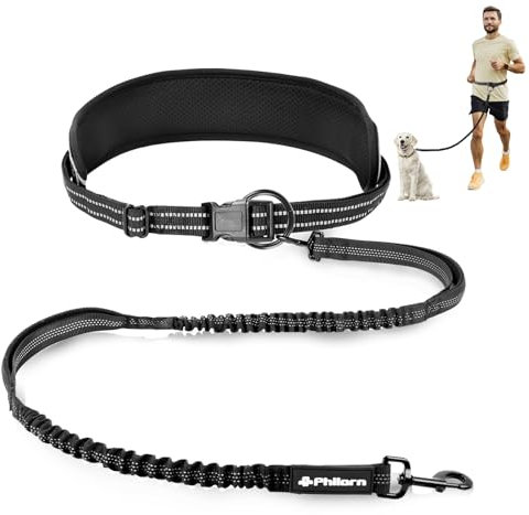 Philorn Joggingleine Hunde, Freihändig Laufleine, Bauchgurt Hundeleine zum Joggen Laufen Wandern mit Dual Griffe, Reflektierende Nähte (Schwarz)