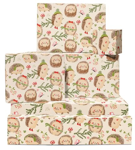 Carta da regalo marrone - 6 fogli di carta regalo fiori per donna - Riccio, Fungo, Farfalla - Per Compleanno Natale Anniversario - Fornita con adesivi - Di Central 23