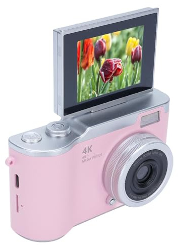 Cámara Digital de 48 MP, Cámara de Vídeo 1080P, Zoom 8X, Pantalla Abatible HD de 2,4 Pulgadas, Luz de Relleno LED, Batería de Larga Duración, con Múltiples Funciones para (Rosa)