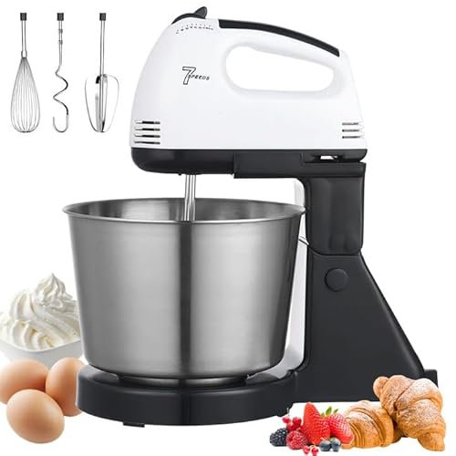 Stand Mixers, 7 Speeds With 3QT Stainless Steel Bowl, Stand and Hand Mixer with Dough Hook, Whisk, Kitchen Electric Mixer with Dough Hook, Mixing Beater for Baking, Cake, Cookie, Kneading (A)