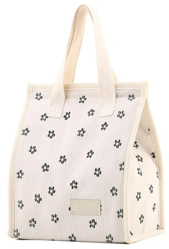 Dermalyx Bolsa De Almuerzo con Estampado De Flores En Crema Blanco, Nevera Portátil Aislada, Contenedor De Comida Reutilizable, Bolsa Térmica para Picnic, Bolso Aislante