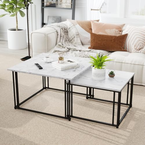 ZZINOKE Couchtisch 2er Set, 80x80x49cm+60x60x42cm,Satztische fürs Wohnzimmer, Wohnzimmertisch Modern,Weiß Imitation Marmor mit Metallgestell,Satztische fürs Wohnzimmer,Quadrat