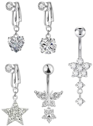 JIRVEX 5 pezzi piercing ombelico finto clip-on senza buco per donne acciaio chirurgico cuore farfalla pendente CZ