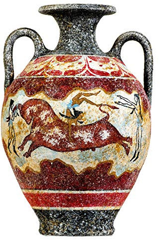 Jarrón de cerámica de cerámica con ánfora minoica griega antigua hecha a mano con mural fresco de salto de toros