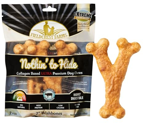 Fieldcrest Farms Nothin' to Hide Collagen-Based Dog Chews, Wishbone, Beef Flavor, Ultra-Premium, for Dogs Over 50lbs, Easily Digestible, Supports Skin, Coat, Joints & Muscles, 7-Inch, 2 Pieces