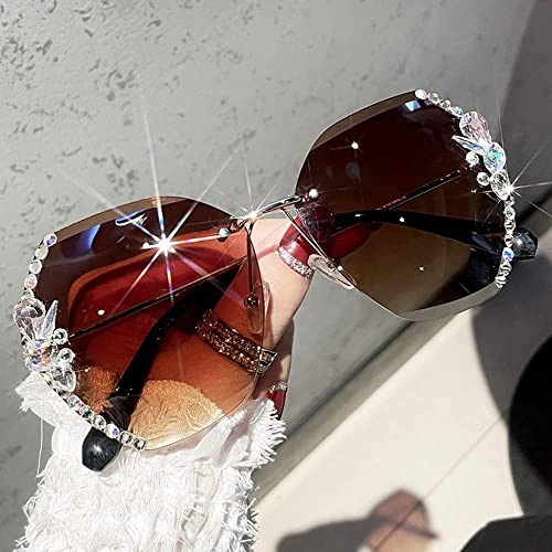 Woman Rimless Diamond Sunglasses, Women Oversized Gradient Diamond Cutting Lens Sunglasses (Brown)