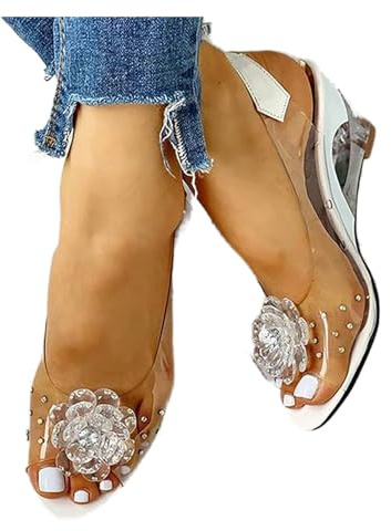 Syfinee Lady's Casual Crystal Sandals,See-Through Rhinestone Wedge Heel Woman Sandals,Studded Flower Design Transparent Sandals for Woman