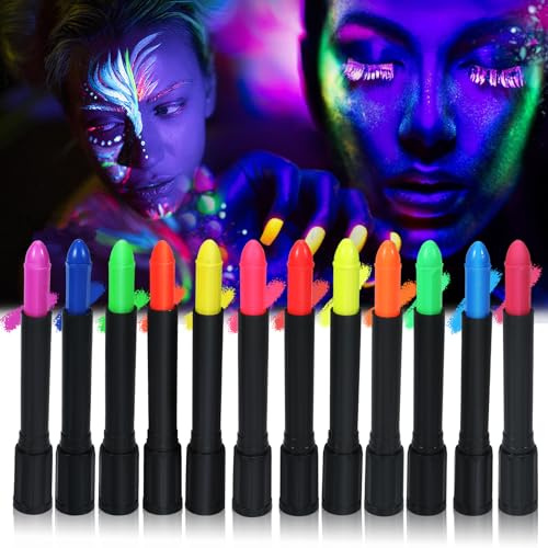 GLEEMEN Neon Face Body Paint Stick, 12 Colors UV Blacklight Neon Fluorescent Face Paint with 4 templates, Non Toxic Face Painting, Club Makeup Art Paint Kit for Adults Kids Halloween Party Carnival