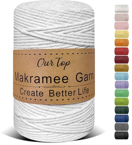 OurTop Premium Macrame Cord, 3mm x 300m Braided Macrame Rope Twisted Cord Yarn Macrame Yarn Thick Rope for Wall Hangings, Plant Hangers, DIY Crafts, Home Decorations, Gift Wrapping(White)