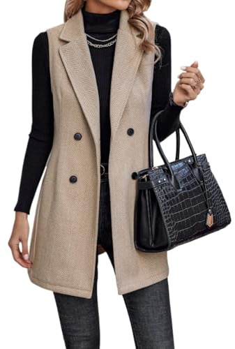 Juankrynord da Donna Senza Maniche Risvolto Bottone Anteriore Autunno Gilet in Tweed Giacca Gilet Lungo Gilet in Tweed Senza Maniche Giacca Gilet Autunno Giacca Abito Senza Maniche (Kaki,XL)