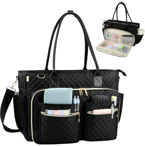 SIYNPAV Teacher Tote Bag with 15.6 inch Laptop Compartment, Large Work Tote Bag with Insulated Pocket, Quilted Nylon Teacher Utility Bag with Shoulder Strap for Office Supplies Organizer Women (Black)