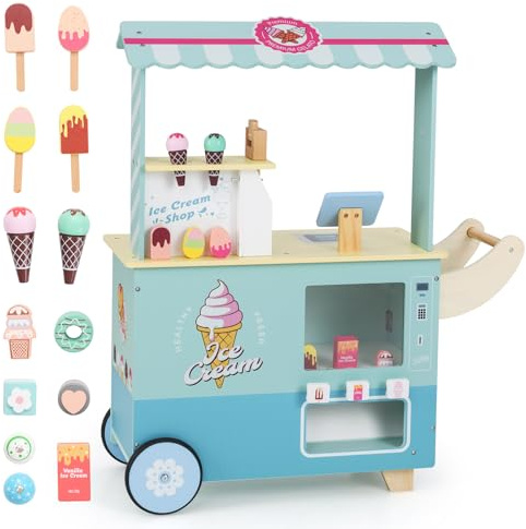 GYMAX Carrello dei Gelati per Bambini, Carrello del Gelato con Macchina Erogatrice, Set Giocattolo di Gelateria, Banco Espositore & Banco di Pagamento, Camion del Gelato in Legno con Ruote (Verde)