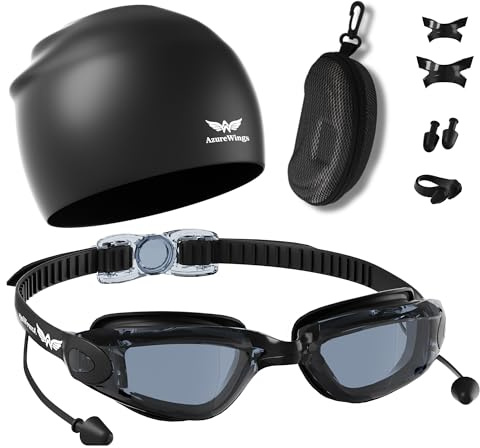 AzureWings Swim Goggles + Swim Cap for Men Women,Swimming goggles No Leak Anti-Fog & UV, HD Mirror PC Lens, Wide Vision for Competitive Racing & Swimming（6 in 1）