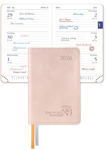 POPRUN 2026 Pocket Weekly Planner (Super Mini Size 3'' x 4.5'') 12 Months Compact Calendar for Purse, Two Pages Per Week with Monthly Overview, Soft Cover, Two Bookmark Ribbons - Soft Pink