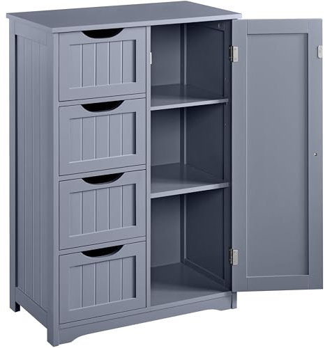 Yaheetech Badezimmerschrank, Beistellschrank Kommode mit 4 Schubladen und Schranktür, verstellbare Regalebene, Badschrank Sideboard für Wohnzimmer, Küche, Flur, Grau