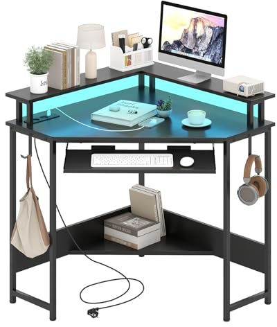 COSTWAY Bureau d'angle avec Station de Charge, Bureau Gaming avec LED, Plateau pour Clavier et Support pour Écran, Crochets et Étagère pour Petits Espaces (Noir)