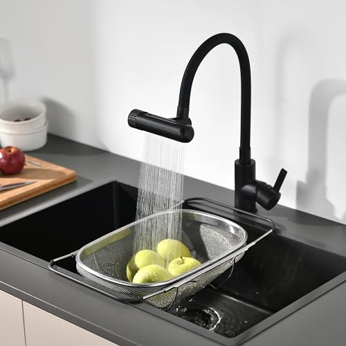 Flexibel vattenkran svart, vattenkran utdragbar kök kök med flexibel utlopp, högtrycksarmatur kök 360° roterbar, blandare kök med vattenbesparande aerator (svart)