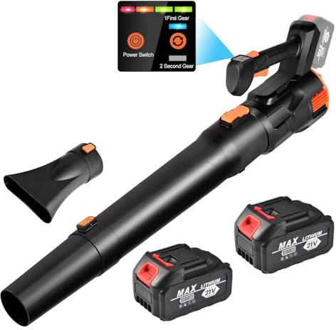 Soplador de hojas con batería con 2 baterías de 3,0 Ah y cargador, soplador de batería, soplador de hojas eléctrico de 3 velocidades, máx. 42 m/s de velocidad de flujo de aire, para jardín, patio