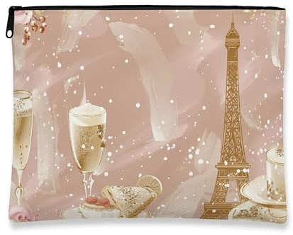 Elegant Vintage Makeup Bag, Paris Tower Parisian Cosmetic Travel Pouch for Women, Portable Canvas Zipper Organizer, Perfect for Winter Holiday, Peach, 7x9 Inch, Paris Tower