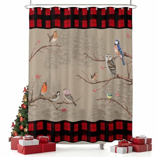ZFUNCING Shower Curtain for Bathroom Red and Black Patches Waterproof Bath Curtains Grommet Shower Curtains with Hooks for Bathtubs Toilet Decor 60x72in Retro Boughs of Cardinal Birds