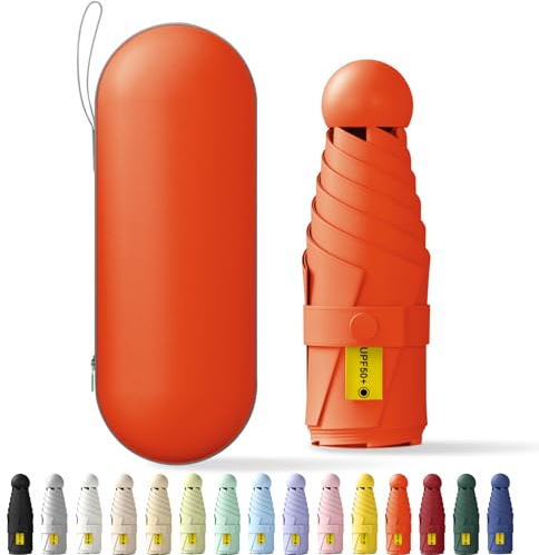 FWHFNB Mini Regenschirm,6 Rippen Tragbarer Reiseschirm mit Kapselhülle,Uv-Regenschirm,kleiner kompakter,für Erwachsene Kinder (Orange)