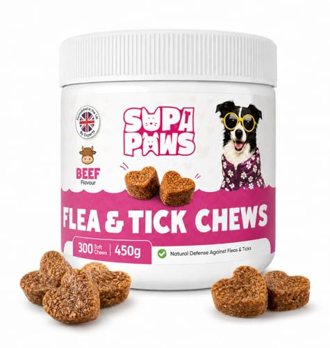 Supa Paws 300 Chews Flea & Tick Chews for Dogs Natural Dog Flea and Tick Chewables Support Healthy Skin & Coat Puppy Multivitamins Oral Flea Supplement for All Dogs 300 Count, Beef Flavor, 450g