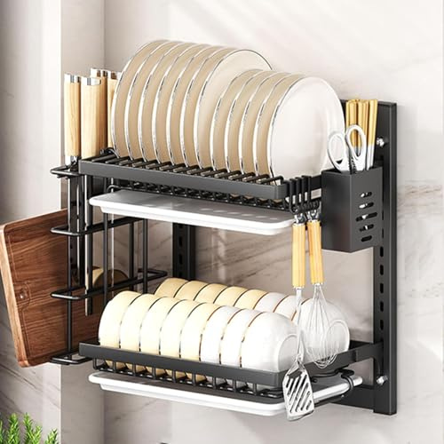 Estante De Secado De Platos Montado En Pared, Ajustable De 2 O 3 Niveles, Con Escurridor, Ganchos Y Soporte Para Cubiertos, Diseño Sin Perforación Que Ahorra Espacio(Size:2 Tier 42cm,Color:Negro)