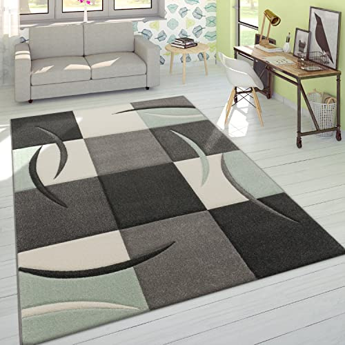 Paco Home Designer Teppich Modern Konturenschnitt Pastellfarben Mit Karo Muster Beige Grün, Grösse:80x150 cm