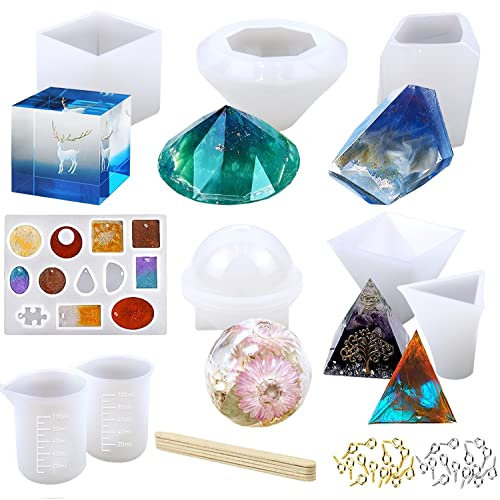 YAOYIN Epoxidharz Formen Set, 43 Stück DIY Silikonformen Gießformen Epoxidharz Einschließlich Sphärische, kubische, Pyramide, Diamant, mit Messbecher und Sticks für Einem Anfängerset