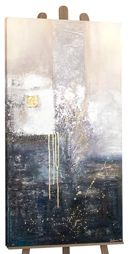 YS-Art Quadro Dipinto a Mano – Bianco Oro Astratto Minimalista, Acrilico Materico su Tela, Decorazione Elegante per Camera e Soggiorno 160x80 cm
