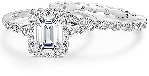 EAMTI 2CT 925 Sterling Silver Bridal Ring Sets Emerald Cut CZ Engagement Rings Vintage Promise Rings Marquise Wedding Bands for Women Size 7