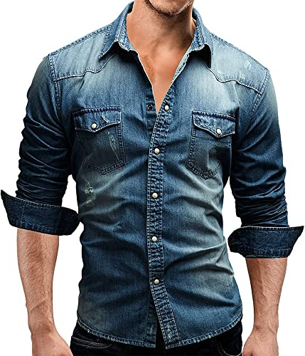 PRJN, Camicie di jeans, da uomo, casual abbottonata slim fit Top in cotone elasticizzato manica lunga kingsize abbottonate da uomo elegante a maniche lunghe, Un Blu, M
