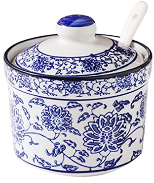Fashion & Lifestyle Ceramic Blue and White Porcelain Sugar Bowl Spice Jar with Lid and Spoon Seasoning Box Condiment Pots White Sugar Dispenser 8 Ounces