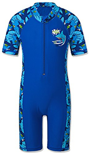 HUAANIUE Boys Swimming Short Sleeve Swimsuit 3-12Y Kids One Piece Swimwear Navy Sun Protection 50+ Swim Clothes UPF Warm Sportwear Costume Summer Surfing (ANavy,104/110)
