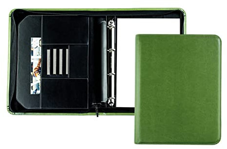 DELMON VARONE - Ringbuch-Ordner DIN A4 mit Reißverschluss inkl. Schreibblock veganem Eco Kunstleder Grün - handgefertigte Dokumenten-Mappe - Ring-Mappe für Dokumente, Urkunden & Akten (zum Abheften)