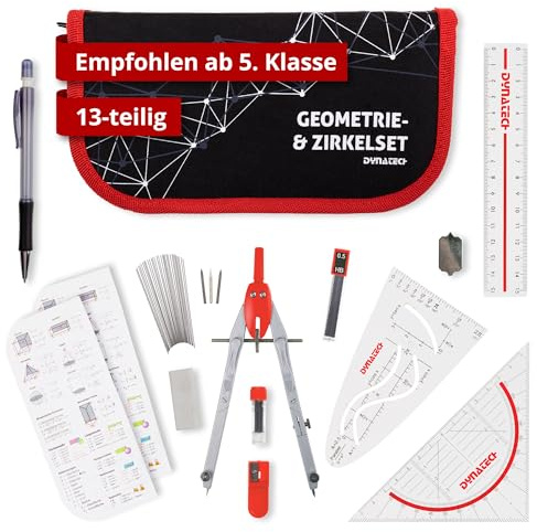 DynaTech Zirkel Set Geometrieset 13-Teilig mit Schnellverstellzirkel, Geodreieck, Parabel, Bleistift, Lineal, Spitzer und Ersatzminen im Etui rot - praktisches Mathematik-Set inkl. Federmappe