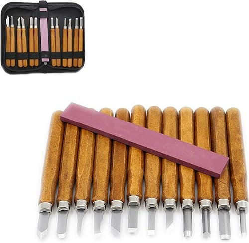 Juego de herramientas de cincel de mano para tallado de madera de 12 piezas en bolsa de almacenamiento, gubias profesionales / de carpintería Cinceles de tallado de madera con mangos de madera Juego