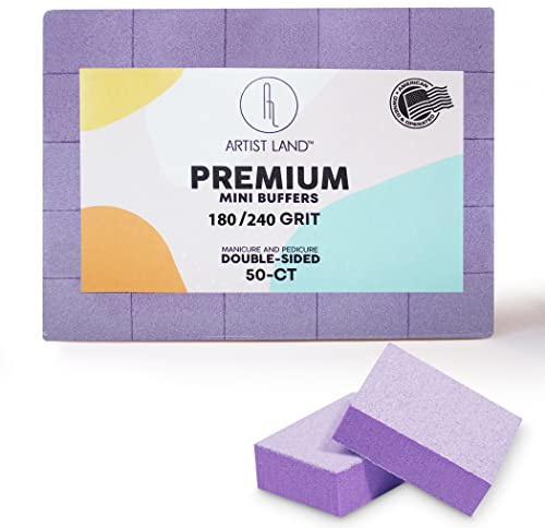 Artist Land Purple Mini Buffer Set 180/240 Grit – 50 Ct - Professional Grade Salon Quality Nail Buffing Blocks Pack for Pre-Application of Polish, Gel, Acrylic, Double-Sided Buffer Blocks