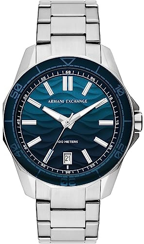 Armani Exchange Orologio per uomo, Movimento al quarzo con data a tre lancette e cassa da 44 mm con cinturino in acciaio o silicone, Tono argento e blu acqua