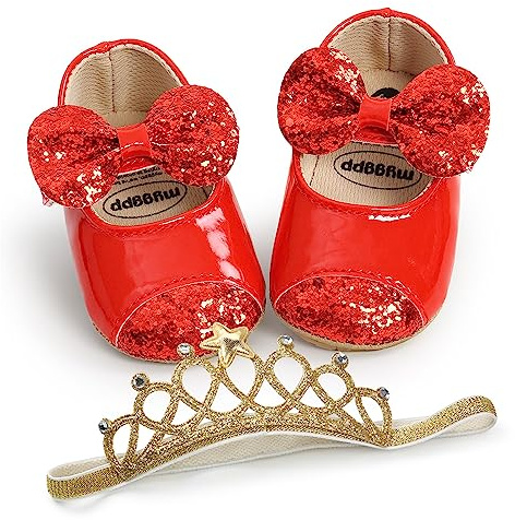 Chaussures à paillettes pour bébé fille avec semelle souple Mary Jane - Robe de fête avec nœud et bandeau, H Paillettes Rouge, 0-6 mois