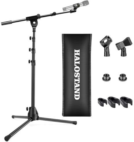 Microphone Stand Floor Foldable Mic Stand Heavy Duty Tripod Boom Arm with 2 Screws Adapter 2 Mic Clips 2 Foam Covers and Carrying Bag for Singing Karaoke Stage HLS02