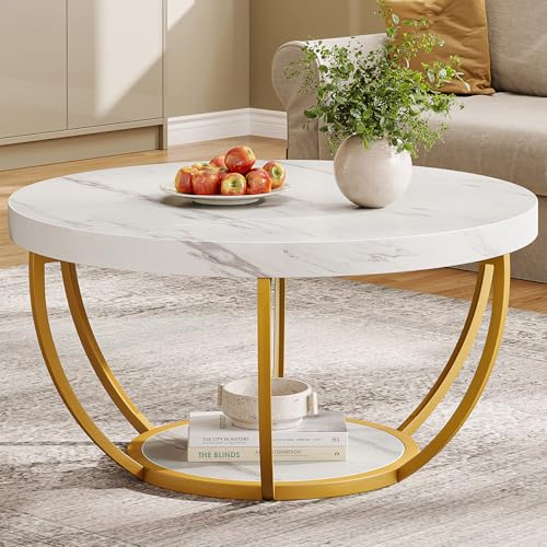 Tribesigns Modern 2-Tier Round Coffee Table with White Faux Marble Top and Gold Metal Legs, Circular Center Table for Living Room, White and Gold