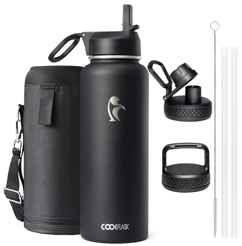 Coolflask 1180ml Insulated Water Bottle with Straw & 3 Lids, Metal Water Bottle for Sports or Office, Double Vacuum Leak Proof Cold and Hot Water Bottle, Easy to Clean, Black